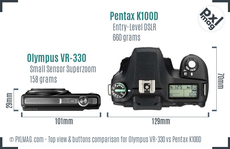 Olympus VR-330 vs Pentax K100D top view buttons comparison