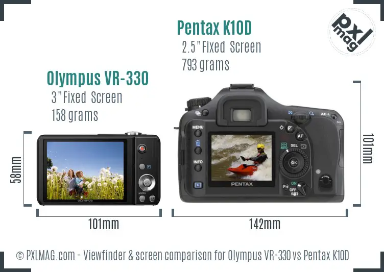 Olympus VR-330 vs Pentax K10D Screen and Viewfinder comparison