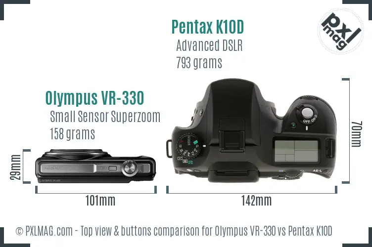 Olympus VR-330 vs Pentax K10D top view buttons comparison