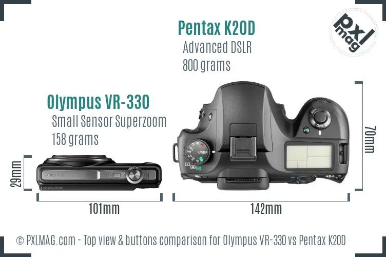 Olympus VR-330 vs Pentax K20D top view buttons comparison