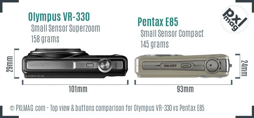 Olympus VR-330 vs Pentax E85 top view buttons comparison Olympus VR-330 vs Pentax E85 top view buttons comparison