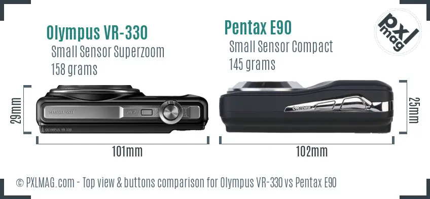 Olympus VR-330 vs Pentax E90 top view buttons comparison