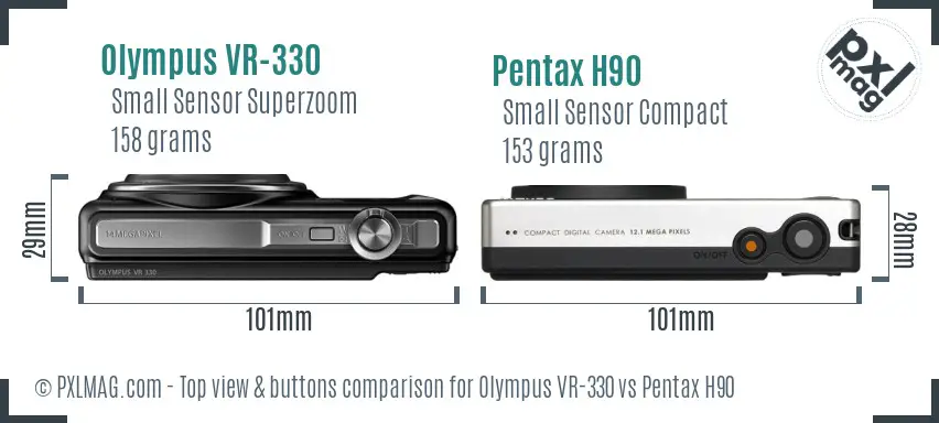 Olympus VR-330 vs Pentax H90 top view buttons comparison Olympus VR-330 vs Pentax H90 top view buttons comparison