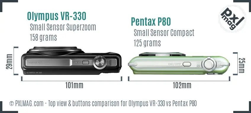 Olympus VR-330 vs Pentax P80 top view buttons comparison