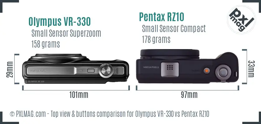 Olympus VR-330 vs Pentax RZ10 top view buttons comparison