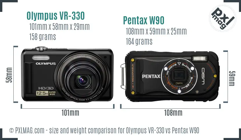 Olympus VR-330 vs Pentax W90 size comparison