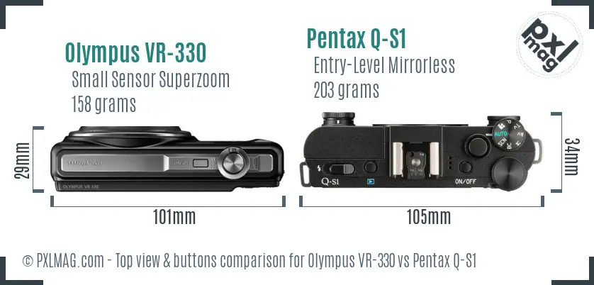 Olympus VR-330 vs Pentax Q-S1 top view buttons comparison