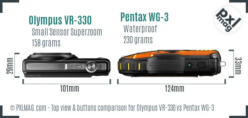 Olympus VR-330 vs Pentax WG-3 top view buttons comparison