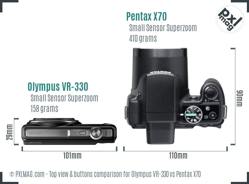 Olympus VR-330 vs Pentax X70 top view buttons comparison