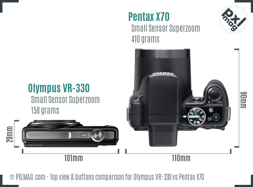 Olympus VR-330 vs Pentax X70 top view buttons comparison Olympus VR-330 vs Pentax X70 top view buttons comparison