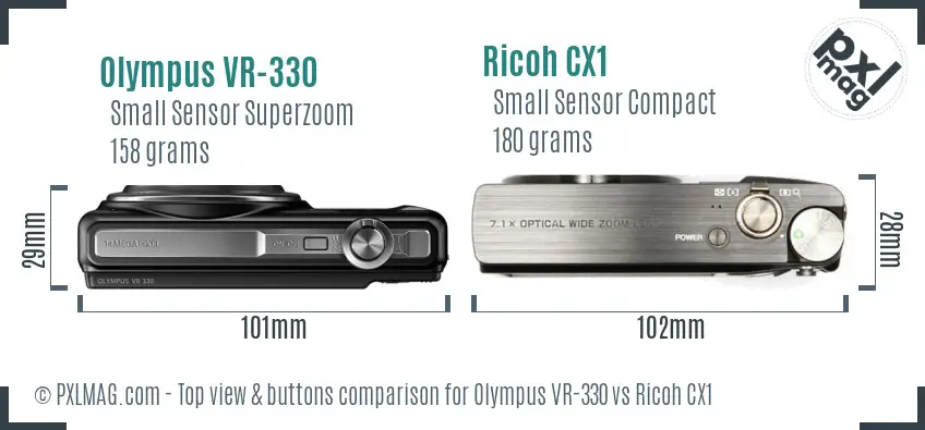 Olympus VR-330 vs Ricoh CX1 top view buttons comparison