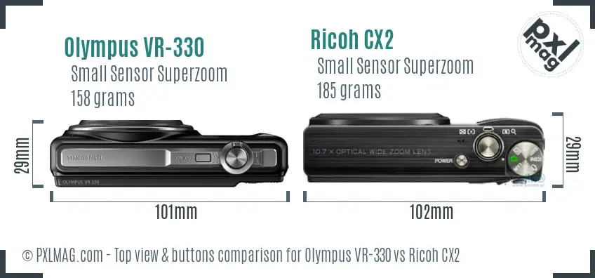 Olympus VR-330 vs Ricoh CX2 top view buttons comparison