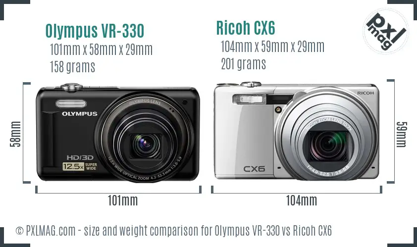 Olympus VR-330 vs Ricoh CX6 size comparison Olympus VR-330 vs Ricoh CX6 size comparison