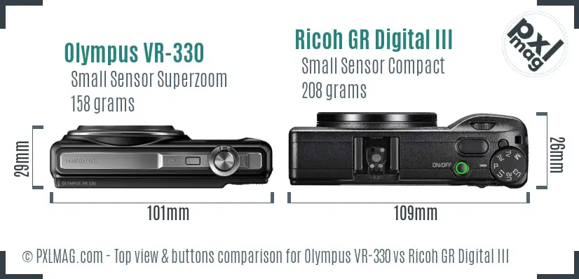 Olympus VR-330 vs Ricoh GR Digital III top view buttons comparison