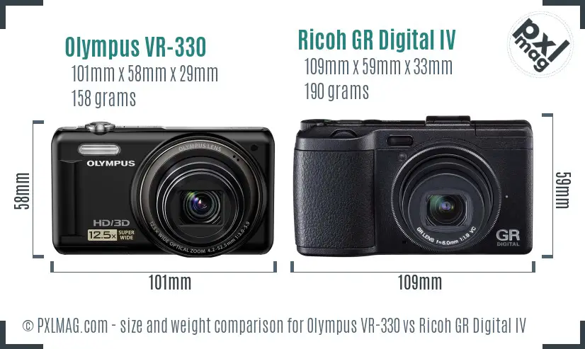 Olympus VR-330 vs Ricoh GR Digital IV size comparison