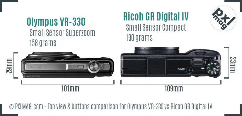 Olympus VR-330 vs Ricoh GR Digital IV top view buttons comparison