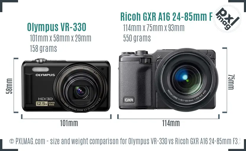 Olympus VR-330 vs Ricoh GXR A16 24-85mm F3.5-5.5 size comparison