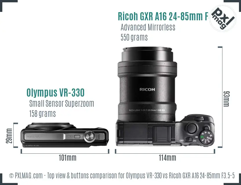 Olympus VR-330 vs Ricoh GXR A16 24-85mm F3.5-5.5 top view buttons comparison