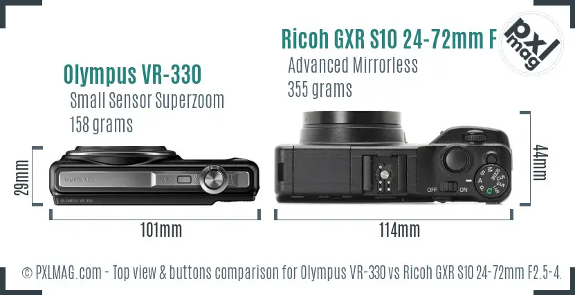 Olympus VR-330 vs Ricoh GXR S10 24-72mm F2.5-4.4 VC top view buttons comparison