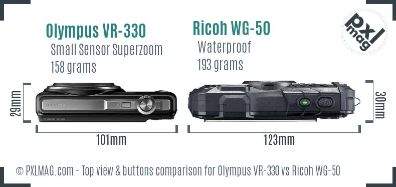 Olympus VR-330 vs Ricoh WG-50 top view buttons comparison Olympus VR-330 vs Ricoh WG-50 top view buttons comparison