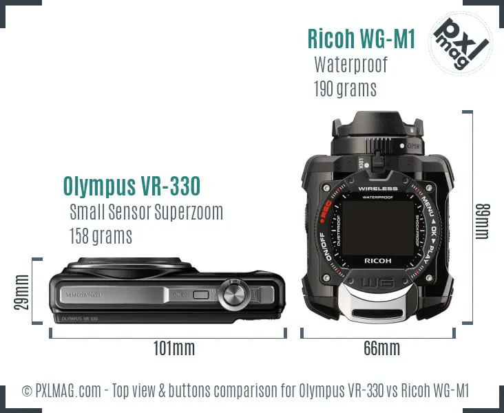 Olympus VR-330 vs Ricoh WG-M1 top view buttons comparison