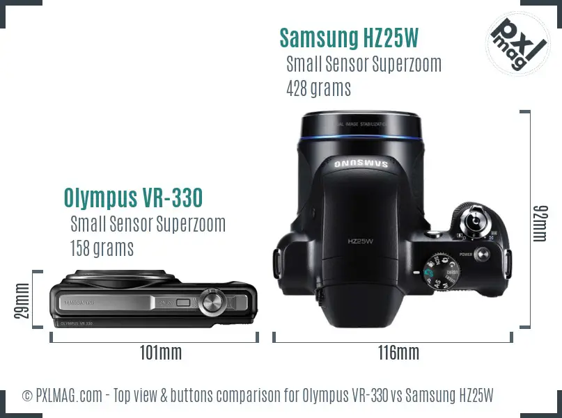 Olympus VR-330 vs Samsung HZ25W top view buttons comparison Olympus VR-330 vs Samsung HZ25W top view buttons comparison