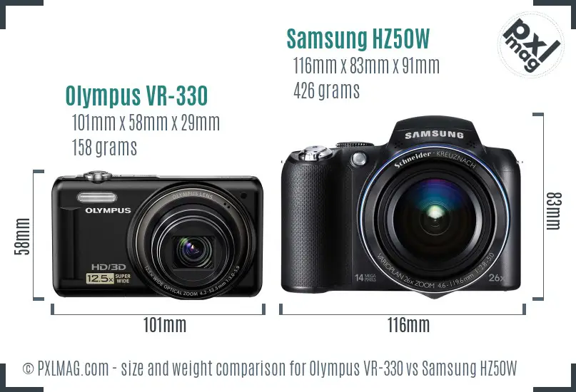 Olympus VR-330 vs Samsung HZ50W size comparison