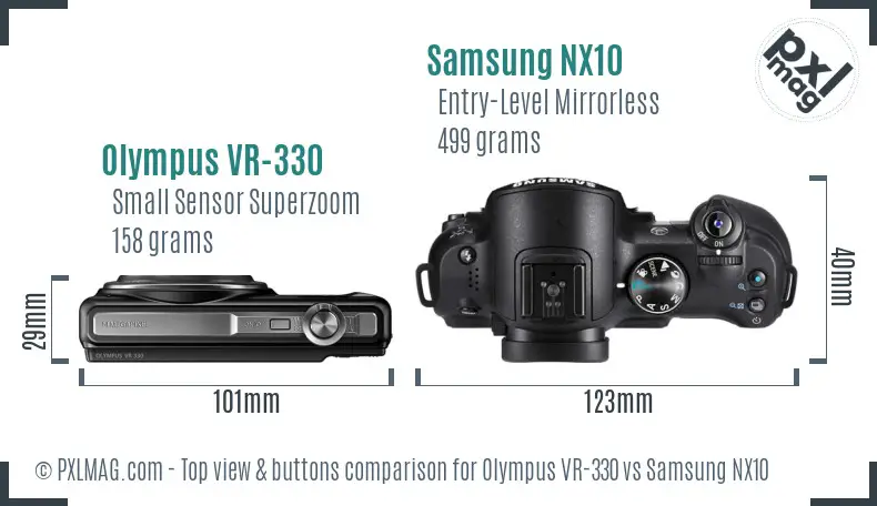 Olympus VR-330 vs Samsung NX10 top view buttons comparison Olympus VR-330 vs Samsung NX10 top view buttons comparison