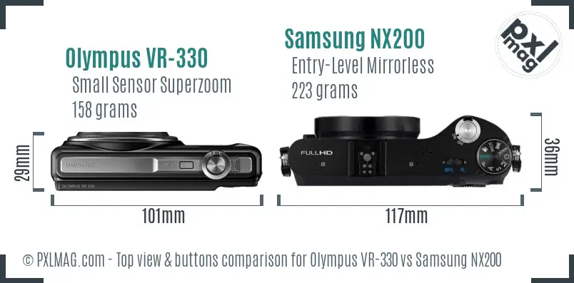 Olympus VR-330 vs Samsung NX200 top view buttons comparison Olympus VR-330 vs Samsung NX200 top view buttons comparison