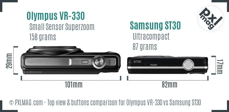 Olympus VR-330 vs Samsung ST30 top view buttons comparison Olympus VR-330 vs Samsung ST30 top view buttons comparison