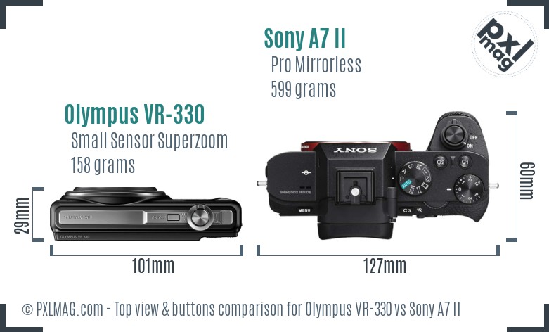 Olympus VR-330 vs Sony A7 II top view buttons comparison