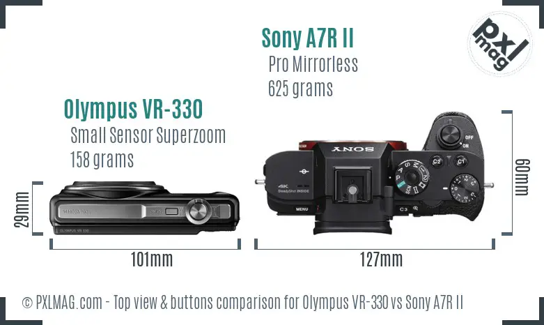 Olympus VR-330 vs Sony A7R II top view buttons comparison Olympus VR-330 vs Sony A7R II top view buttons comparison