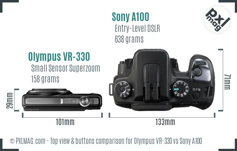 Olympus VR-330 vs Sony A100 top view buttons comparison
