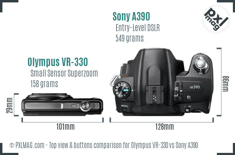 Olympus VR-330 vs Sony A390 top view buttons comparison