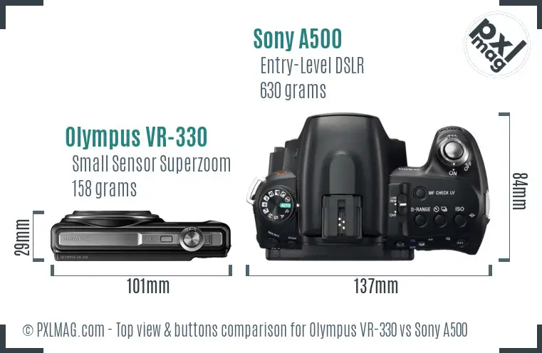 Olympus VR-330 vs Sony A500 top view buttons comparison