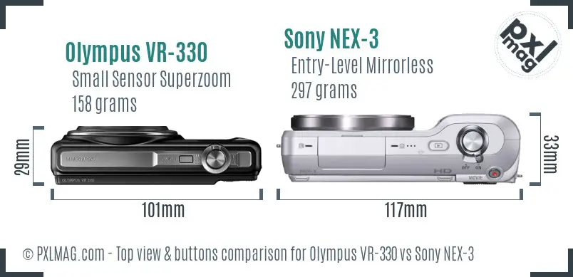 Olympus VR-330 vs Sony NEX-3 top view buttons comparison