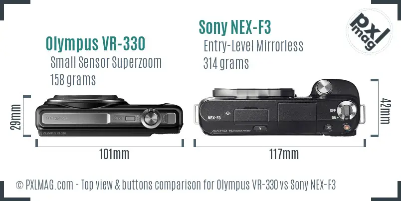 Olympus VR-330 vs Sony NEX-F3 top view buttons comparison