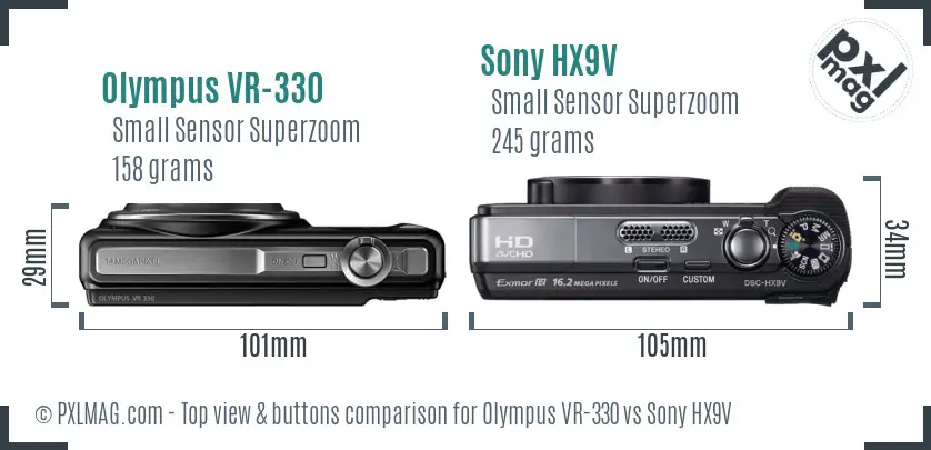 Olympus VR-330 vs Sony HX9V top view buttons comparison