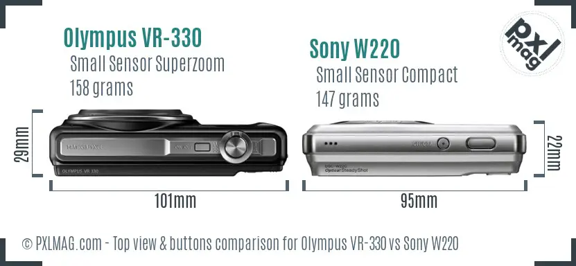 Olympus VR-330 vs Sony W220 top view buttons comparison