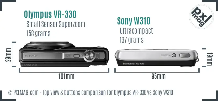 Olympus VR-330 vs Sony W310 top view buttons comparison