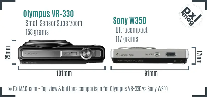 Olympus VR-330 vs Sony W350 top view buttons comparison