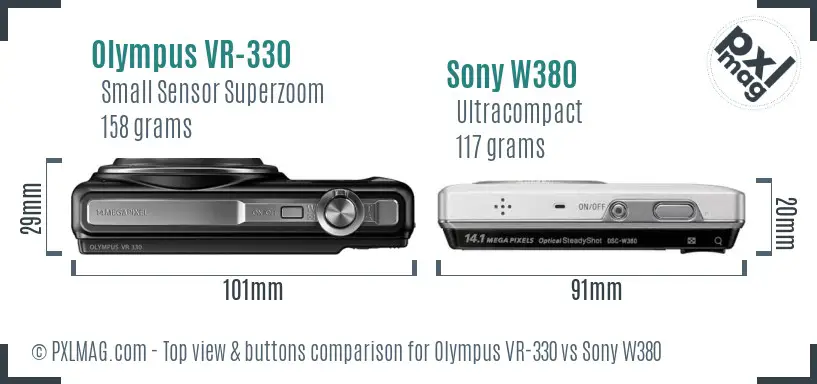 Olympus VR-330 vs Sony W380 top view buttons comparison