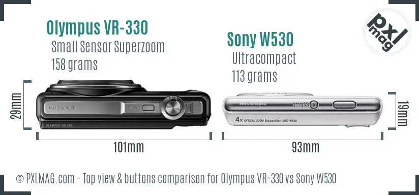 Olympus VR-330 vs Sony W530 top view buttons comparison