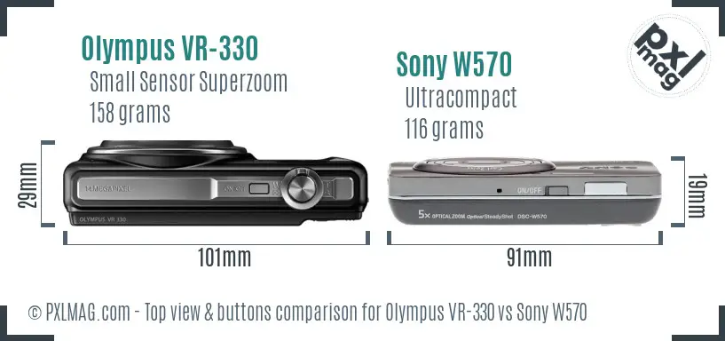 Olympus VR-330 vs Sony W570 top view buttons comparison