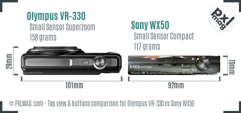 Olympus VR-330 vs Sony WX50 top view buttons comparison