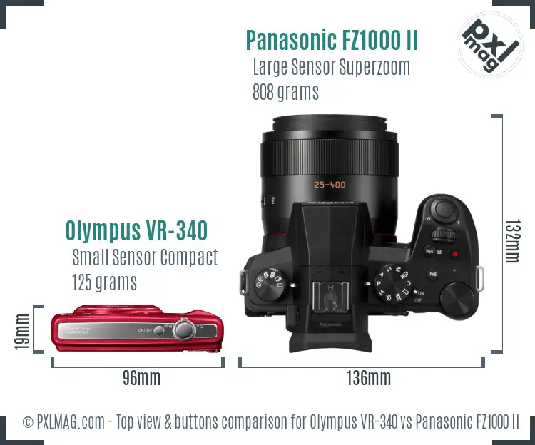 Olympus VR-340 vs Panasonic FZ1000 II top view buttons comparison