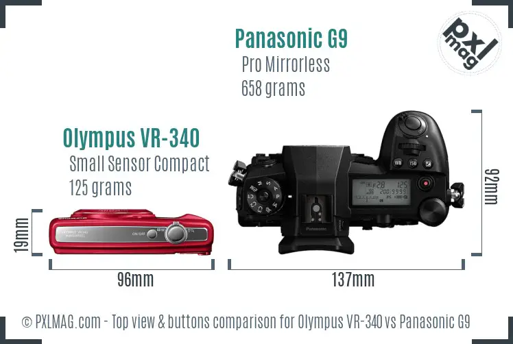 Olympus VR-340 vs Panasonic G9 top view buttons comparison