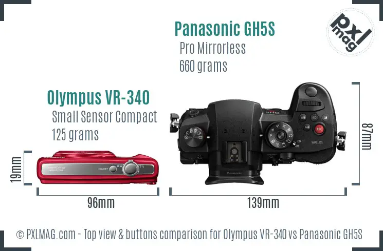 Olympus VR-340 vs Panasonic GH5S top view buttons comparison