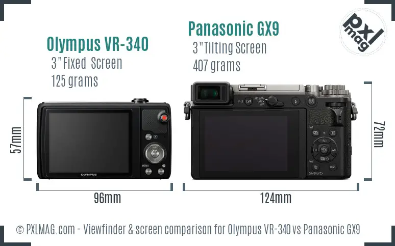 Olympus VR-340 vs Panasonic GX9 Screen and Viewfinder comparison