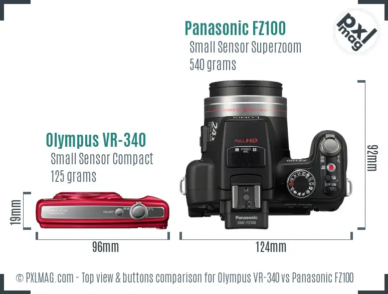 Olympus VR-340 vs Panasonic FZ100 top view buttons comparison
